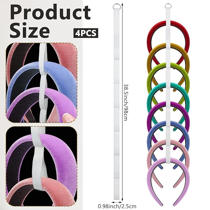 4 Pcs Headband Holder Organizer, White Hanging Wall Mounted Hairband Accessories, Hair Hoop Storage Display with 32 Total Rings for Women Girls, Bedroom Dorm Closet Decor