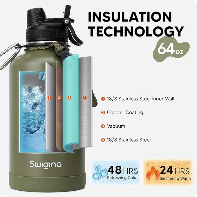[2-IN-1 LID] 64 oz Insulated Water Bottle with Silicone Boot (48hrs Cold/24hrs Hot) - DIY Stickers, Leakproof, BPA Free, Half Gallon