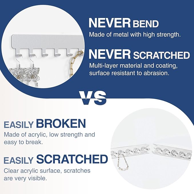 Necklace Holder - Hanging Jewelry Organizer, Self-Adhesive, Wall Mount, 2 Pack, Painted Silver