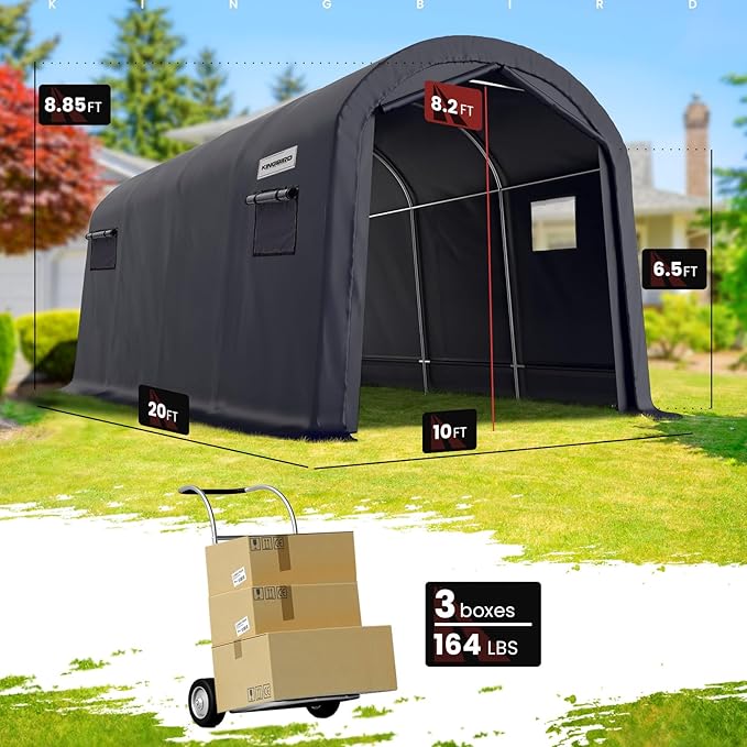 KING BIRD 10' x 20' Round Style Garage Shelter with Roll-up Ventilated Windows Heavy Duty Storage Carport Portable Canopy Storage Shelter Shed for Boat, Patio Furniture and Lawn Mower-Dark Gray