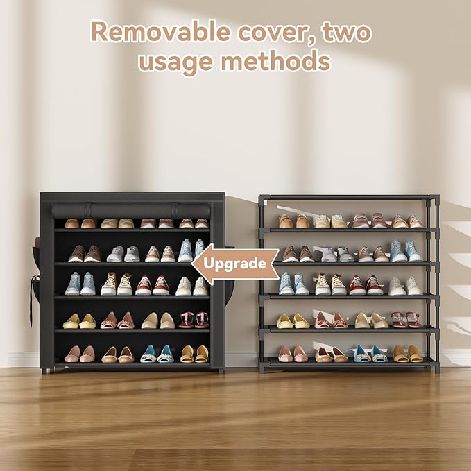 Shoe Rack with Covers 5 Tier Tall Shoe Rack Organizer Large Capacity Shoe Shelf Storage 20-24 Pairs Space Saving Free Standing Shoe Storage Organizer for Closet, Entryway, Dorm, Black