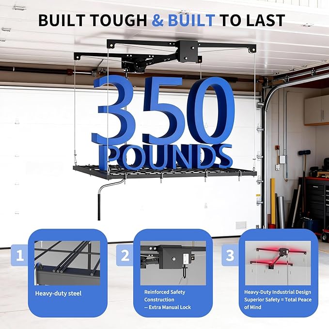 Garage Ceiling Storage Rack,Storage Elevator for Garage,4x4 ft Overhead Lift Storage with 350 Lb Capacity,Smooth Crank System, Space-Saving Design for Garage Organization