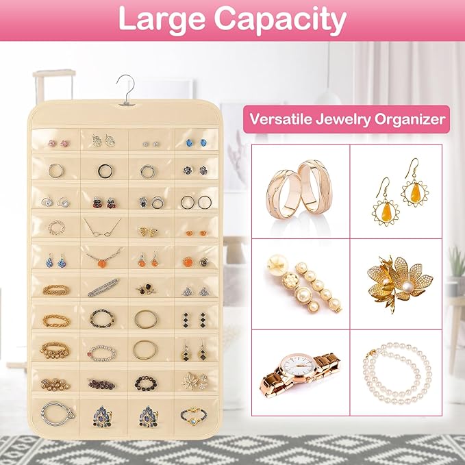 Hanging Jewelry Organizer for Closet with Swiveling Hanger, 17 x 30 In, 80 Clear Pockets Jewelry Organizer Hanging for Jewelries, Earrings, Accessories (Beige)