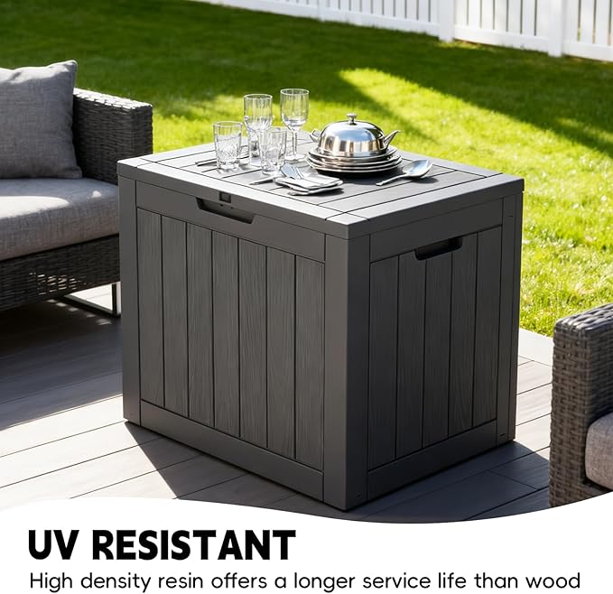 Outdoor Storage Box, 35 Gallon Deck Box Waterproof, Resin Patio Storage Bin for Package Delivery, Patio Furniture Cushion, Garden Tools, Pool Accessories, Weatherproof, Black