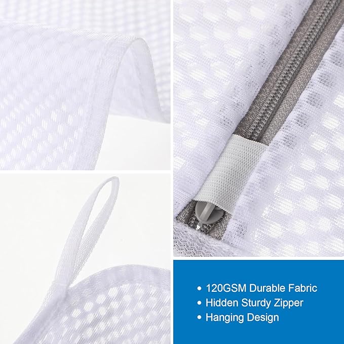 6 PCS Durable Honeycomb Mesh Laundry Bags for Delicates with Zipper, 12 x 16 Inches Reusable Laundry Bag Mesh Wash Bags for Washing Machine for Clothes, Shoes, Socks, Underwear, Bra (M, White)