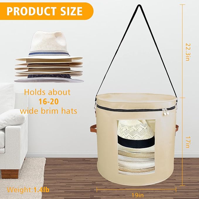Large Hat Storage Box for Women & Men, 19" D x 17" H Oversized Hat Box Organizer，Foldable Round Travel Hat Boxes with Dustproof Lid, Stuffed Toy Storage Bin Bag (Milk Coffee)