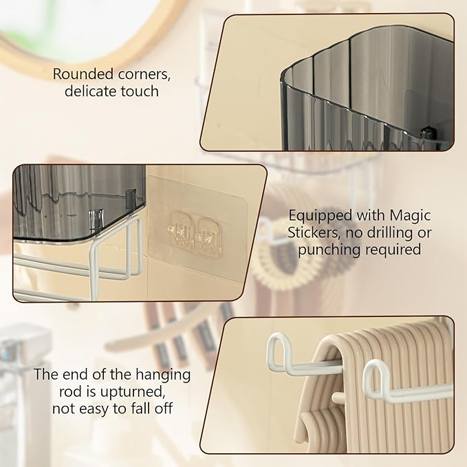 Wall Mount Headband Holder Hair Accessories Organizer, Self Adhesive Scrunchie Holder with Clear Acrylic Caddy for Bows, Ties, Clips, Pins, Claw Clip,Clear Grey