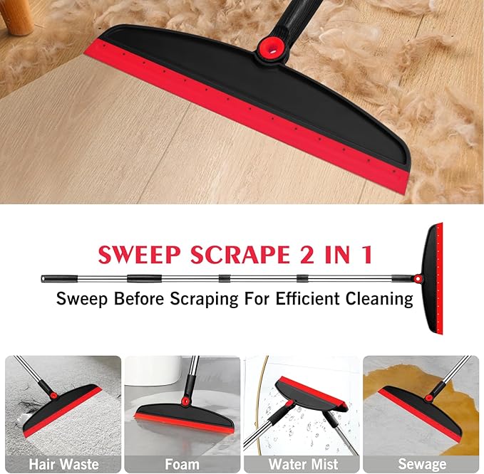 Multifunction Magic Broom, 54 Inch Adjustable Long Handle Silicone Floor Squeegee Broom, Sweep and Scrape 2 in 1 Household Cleaning Brooms for Floor, Bathrooms, Showers, Tile, Pet Hair, Black Red