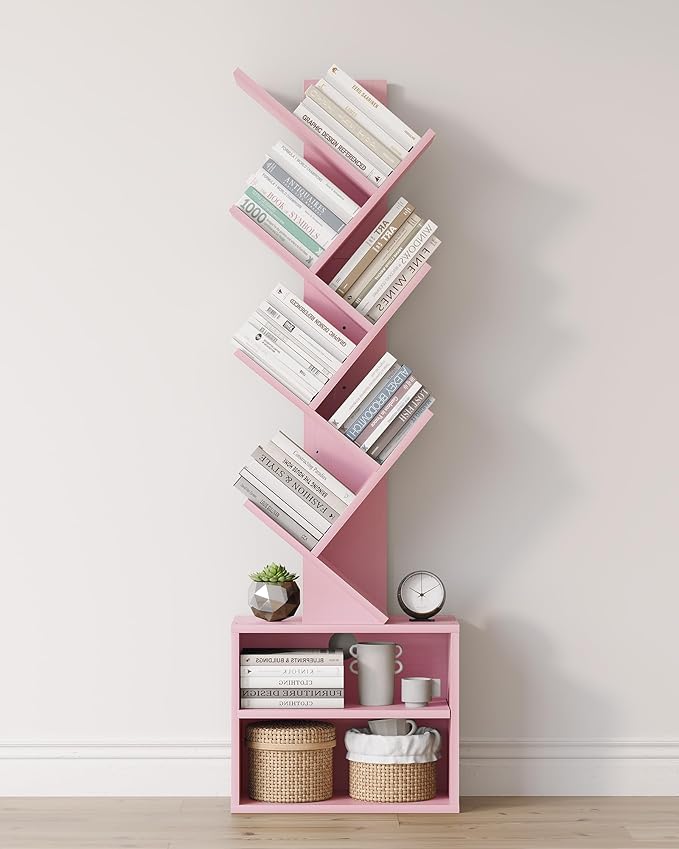 SUNMORY 6 Tier Tree Bookshelf, Small Bookcase with Storage Cabinet, Modern Tall Narrow Bookshelves Organizer, Floor Standing Book Shelf for Bedroom/Living Room/Home Office/Corner, Pink