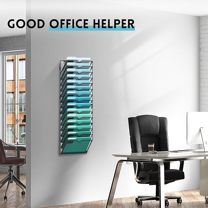 SUPEASY 15-Tier Wall File Organizer, Hanging Wall Files for Papers, Folders, Magazines, Wall Organizer for Clipboard, Assembly Needed, Black