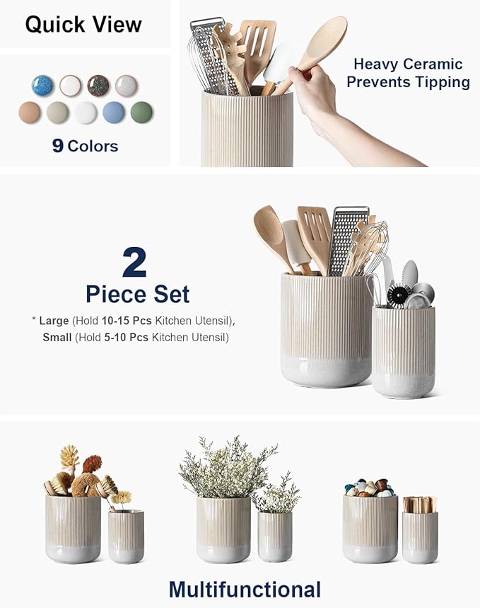 LE TAUCI Utensil Holder, 7.3"+5.4" Ceramic Kitchen Utensil Holder for Countertop, Large Cooking Utensil Crocks for Kitchen Counter, Morden Utensil Organizer for Spatula, Set of 2, Glaze Marble Gray