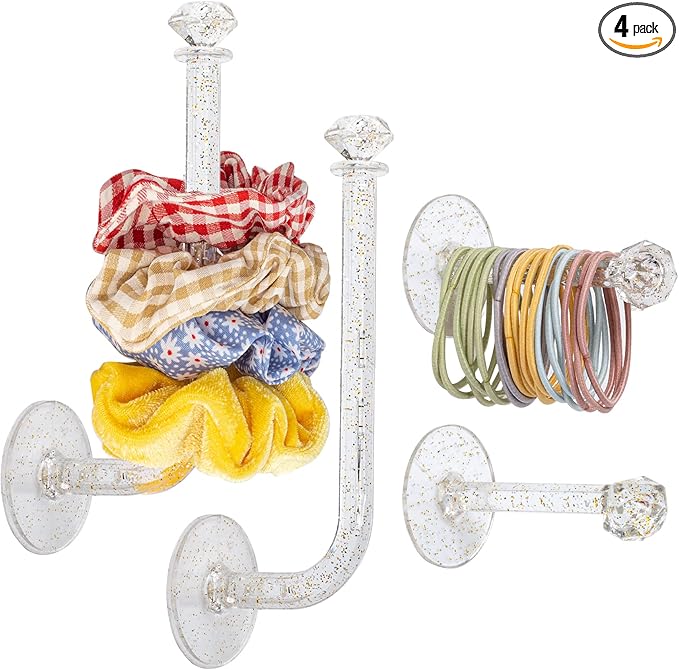 4pcs Headband Holder Stand Scrunchie Organizer, Girls Hair Accessories Organizer Storage for Headband Hairband Hair Ties, Clear Glitter Adhesive Scrunchy Holder
