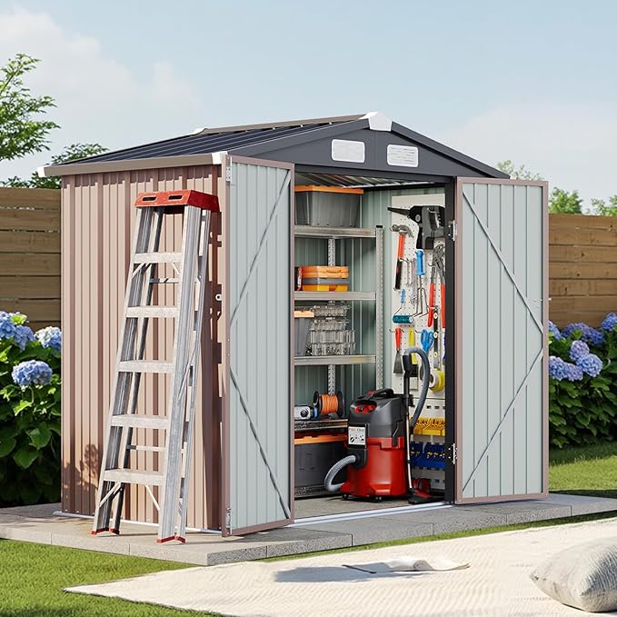 6x4 FT Outdoor Storage Shed with Lockable Double Doors & Loping Roof, Outdoor Metal Shed for Bike, Tool, Generator Storage in Backyard, Patio (6’x4’)