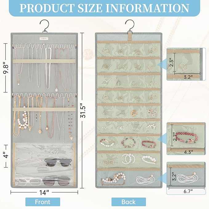 GMAK Hanging Jewelry Organizer with Hanger Metal Hooks, Double-Sided Jewelry Holder Accessories Organizer Storage Roll for Jewelry, Earrings, Bracelets, Necklaces, Rings - Light Grey