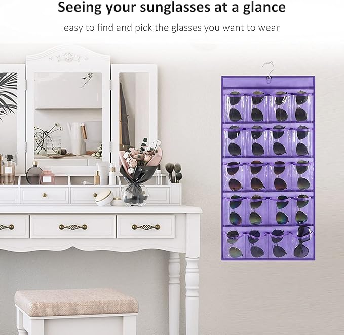 Dual Sided Hanging Sunglasses Organizer Storage Wall Mounted Eyeglasses Holder Eyewear Display Case with 40 Clear Slots (40 Pockets-Purple)