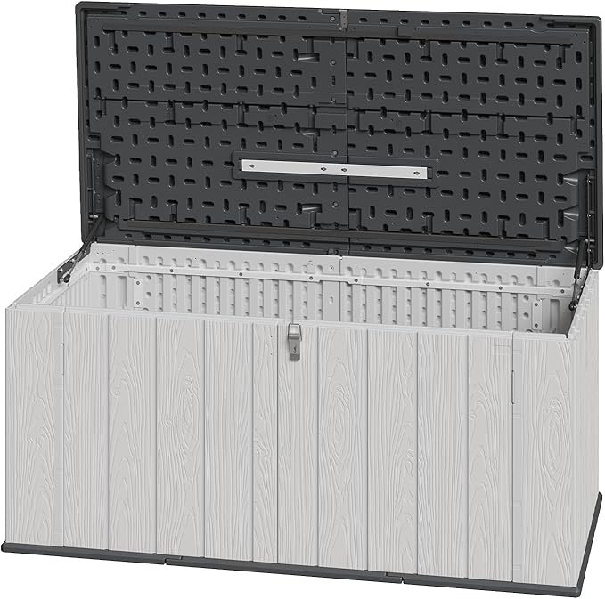Aoxun 157 Gallon Outdoor Deck Box, Large Resin Storage Box with Lid, Waterproof & UV-Resistant Patio Storage for Cushions, Garden Tools, and Pool Accessories (White)