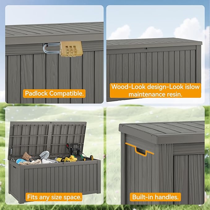 220 Gallon Outdoor Storage Box, Resin Deck Boxes Outdoor Waterproof For Patio Furniture, Garden Tools, Pool Supplies, Lockable And UV Resistant (Striped Gray)