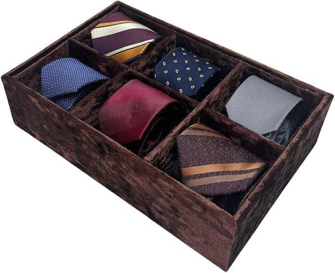 AgentMoon Luxury Velour Ties Storage Organizer with 6 Compartments,Dresser Drawer Wardrobe Storage Box for Headscarf and Belts,Bras, Bow Ties,Ribbons.12 x 8 x 3 inches. (Brown)