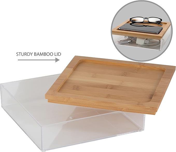 Simplify Large Square Bamboo Organizer | See-Through | Jewelry | Makeup | Cosmetics | Accessories | Bathroom & Bedroom | Vanity & Countertop | Lidded Boxes | Super Clear
