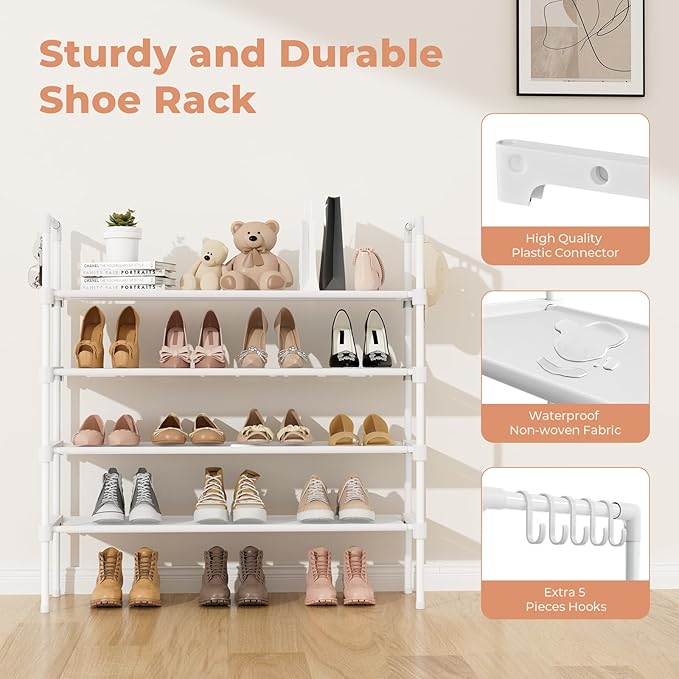 4 Tier Shoe Rack for Closet Shoe Organizer with 5 Hooks, Long Shoe Shelf Storage for Shoe and Boot Stackable Free Standing Shoe Rack for Entryway, Garage, Small Spaces, Dorm, White