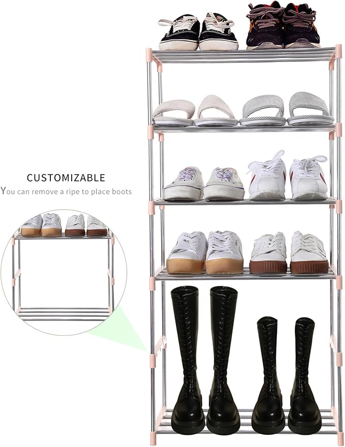 Stackable Small Shoe Rack, Entryway, Hallway and Closet Space Saving Storage and Organization (4-Tier, Pink)
