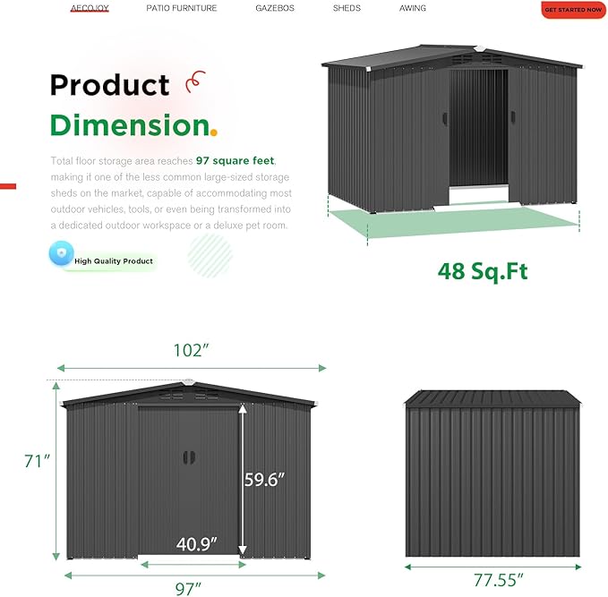 AECOJOY 6'x8' Outdoor Storage Shed with Sliding Door, Garden Sheds & Outdoor Storage Clearance 8x6, Waterproof Tool Storage Cabinet Weatherproof for Yard in Dark Grey