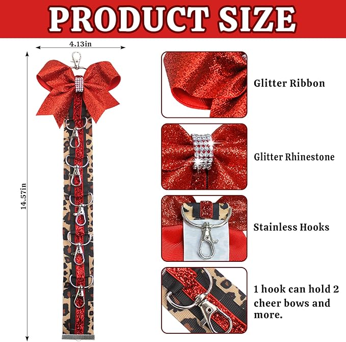ALIBBON Cheer Bow Holder Glitter Red Leopard Print Hair Bow Holder Cheer Keychain for Cheerleading Backpack Bag Cheerleader Gifts Sports Cheerleading Bows Storage Hanging Ribbon Chain with 5 Clasps