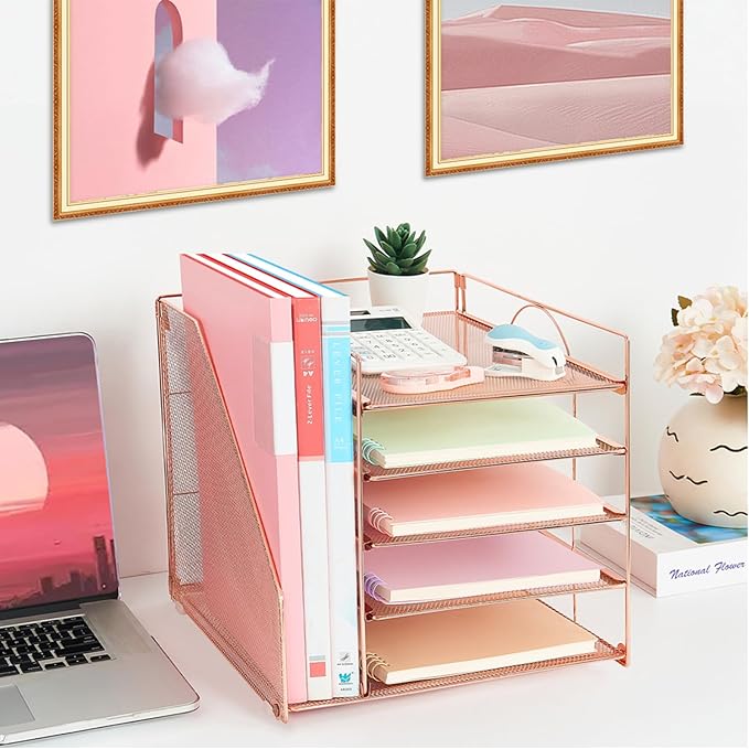 Desk Organizers and Accessories, 5-Tier Paper Letter Tray Organizer with File Holder, Desktop Organizer for Office Supplies (Rose Gold)