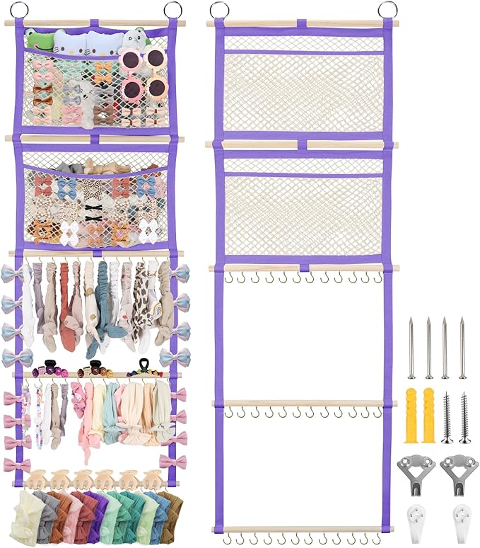 Hair Bow Organizer for Baby Girl, 17x50in Bow Holder Headband Organizer, Hair Clip Accessory Holder Wall Hanging Decor for Women Toddler Kids Room Nursery(Purple)