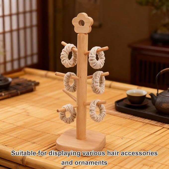 Wooden Hair Tie Holder, Beechwood Accessory Organizer with 6 Prongs for Scrunchies and Bands, Tabletop Storage Rack Home Boutique