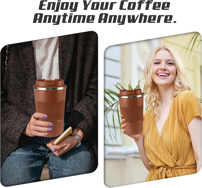 Vacuum-Insulated Stainless Steel Travel Coffee Mug, Leak-Proof Reusable Coffee Cup with Lid -Keep Hot & Cold Drinks for Hours, Durable Insulated Tumbler for Men & Women(3rd-Light Coffee, 17OZ)