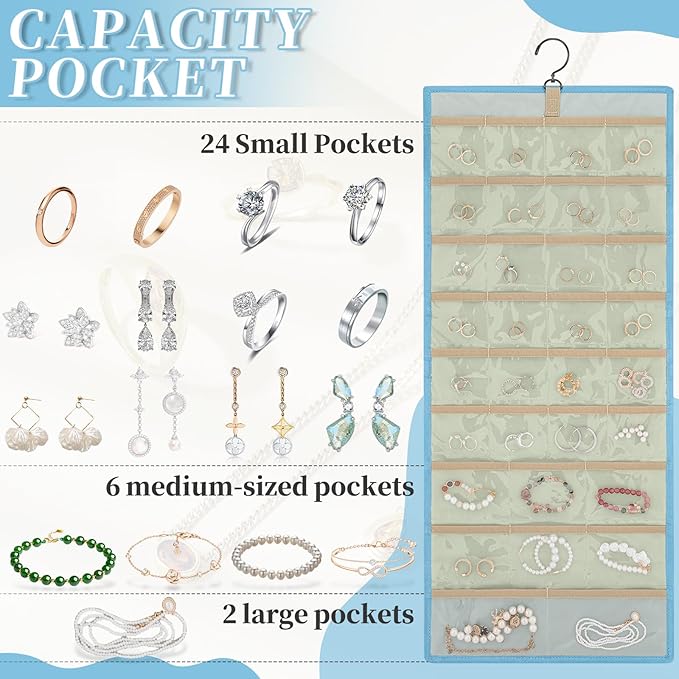 GMAK Hanging Jewelry Organizer with Hanger Metal Hooks, Double-Sided Jewelry Holder Accessories Organizer Storage Roll for Jewelry, Earrings, Bracelets, Necklaces, Rings - Light Blue