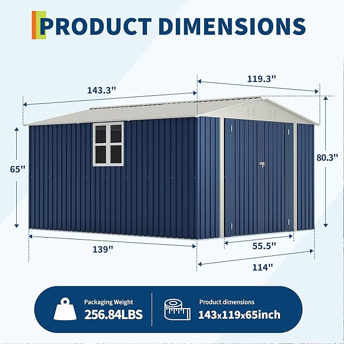 GarveeLife 10x12 FT Metal Storage Shed for Outdoor with Floor Frame&Clear Window,Steel Yard Shed with Design of Lockable Doors, Utility and Tool Storage for Garden, Backyard, Patio, Outside,Navy Blue