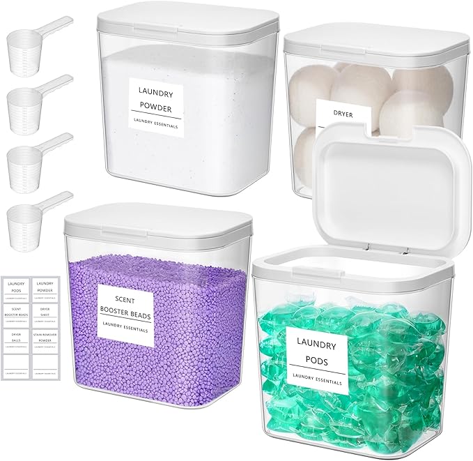 Lifewit 4 Pcs Laundry Pods Container with Pop-up Lid, Detergent Dispenser, Dryer Sheet Holder, Laundry Room Organization Storage Jars for Washing Powder, Soap, Scent Booster Beads, 2700 ml/0.72gal