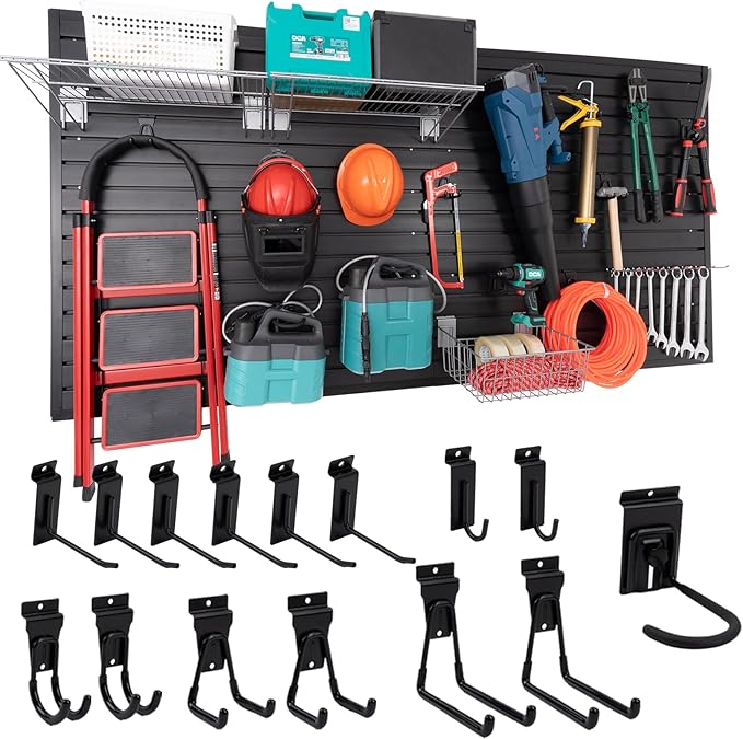 Slatwall Panel Garage Slat Wall Storage Systems with 15 Slatwall Accessories, 4'x8' Black Slat Wall Paneling for Retail Display, Garage Tool Storage, Guitar Shop, Home Storage