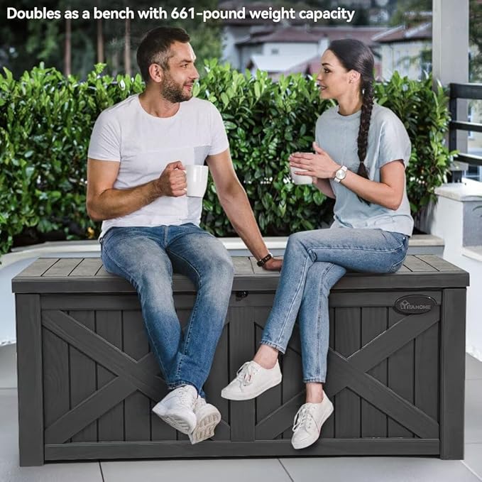 YITAHOME 150 Gallon Large Outdoor Storage Box with X-Shaped Front, Waterproof Resin Deck Box Cushion Storage Bench for Patio, Pool Supplies, Garden Tools - Lockable, Dark Gray