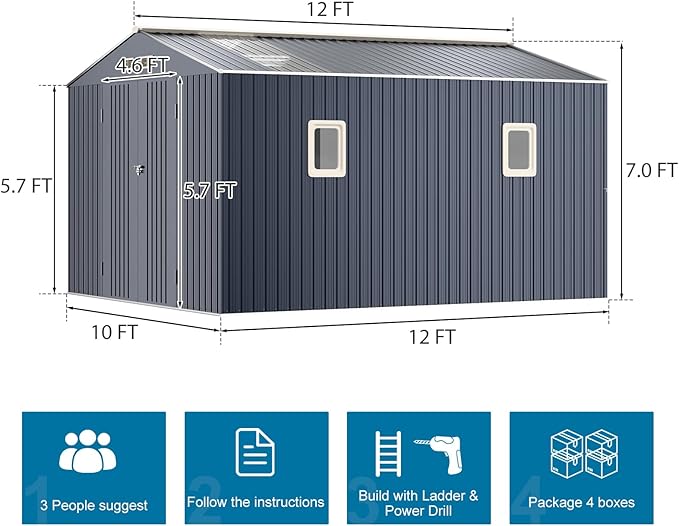 10x12 FT Outdoor Metal Shed with Unique Floor Base Clear Roof Window Lockable Double Door Vent, Waterproof Heavy Duty Reinforced Frame Sheds for Garden Storage Large Lawnmower Tool, Dark Grey