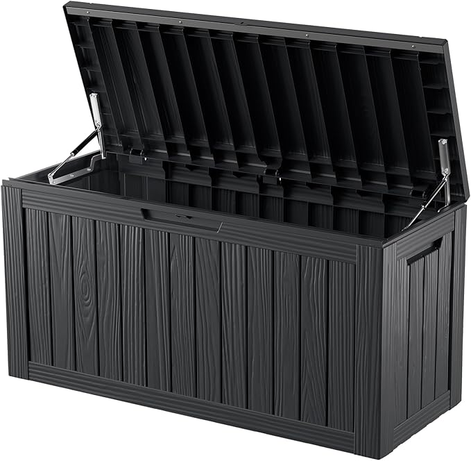ROJIK Outdoor Storage Housing Deck Box - Waterproof Patio Furniture, Garden Tools, Cushions, Pool Accessories Storage Bench with Lockable Lid and Side Handles (Black 80 Gal)