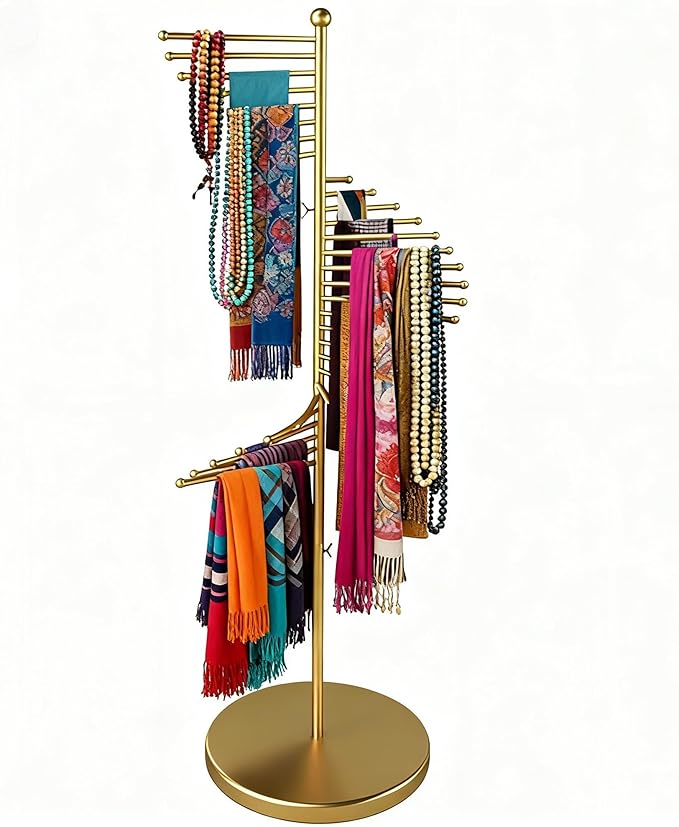 Multi-functional spiral organizer, free-standing design with 30 rods. Ideal for storing multiple scarves, hijabs, and clothes while saving space (42x170cm/17x67in). (gold)