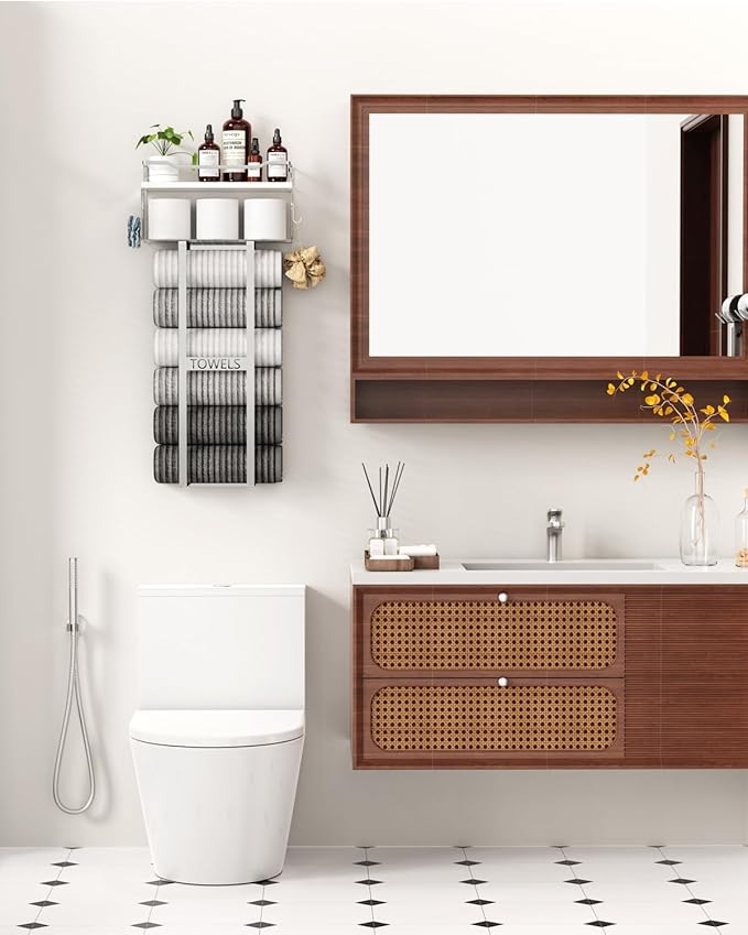 Towel Racks for Bathroom - Wall Mounted Metal Rack with Wood Plank, Bathroom Storage Organizer, Towel Holder Stores 6 Large Rolled Towels Easily, Silver with White Plank