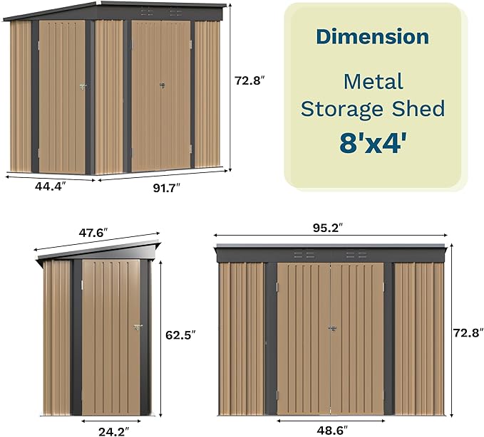 Patiowell 8x4 FT Outdoor Storage Shed, Heavy Duty Tool Metal Sheds with 3 Lockable Doors and Updated Frame Structure for Backyard Patio Lawn, Brown