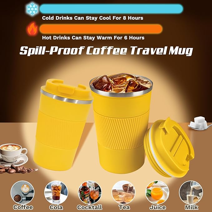 Vacuum Insulated Travel Coffee Mug, Reusable Stainless Steel Tumbler with Leak-Proof Lid, Keeps Drinks Hot or Cold for Hours, Durable Portable Cup for Men & Women (3rd-Yellow, 12oz)