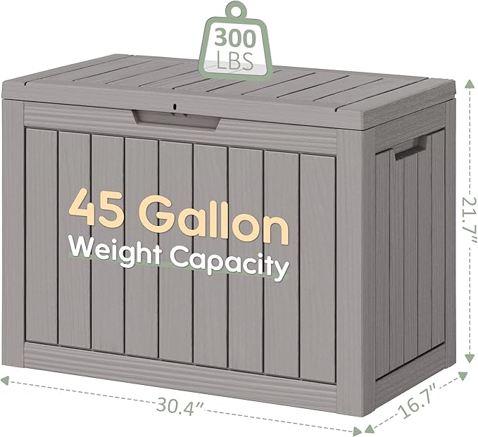 NUNU LAB Outdoor Storage Box, 45 Gallon Outside Deck Box Waterproof, Resin Outdoor Storage Cabinet With Lockable Lid, Backyard Storage Bench For Garden Tools, Patio Cushions, Pool Tools, Gray