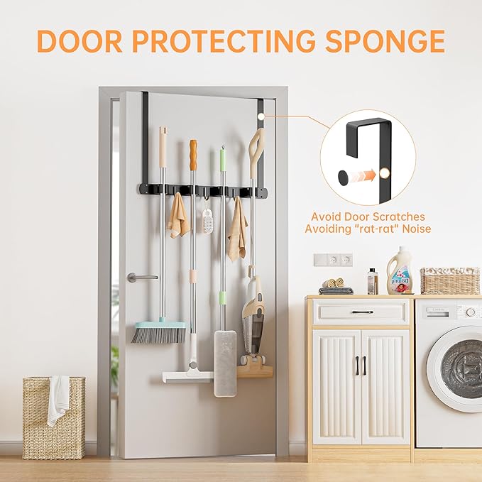 Broom Holder Over The Door - 304 Stainless Steel Mop and Broom Holder Wall Mounted or Hanging Over The Door with Hooks - Broom Hanger, Broom Storage Tool Organizer for Garage Closet Laundry