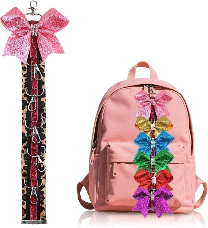 ALIBBON Cheer Bow Holder Glitter Pink Leopard Print Hair Bow Holder Cheer Keychain for Cheerleading Backpack Bag Cheerleader Gifts Sports Cheerleading Bows Storage Hanging Ribbon Chain with 5 Clasps