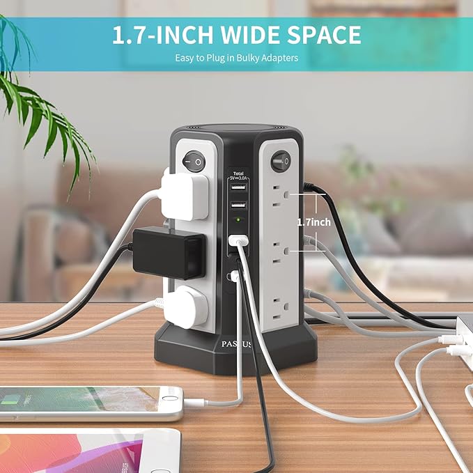 Surge Protector Power Strip Tower with PD18W USB C Port, PASSUS Charging Tower with 5 USB, 10FT Extension Cord with 12 AC Multiple Outlets, Overload Protection for Home Office Dorm Room