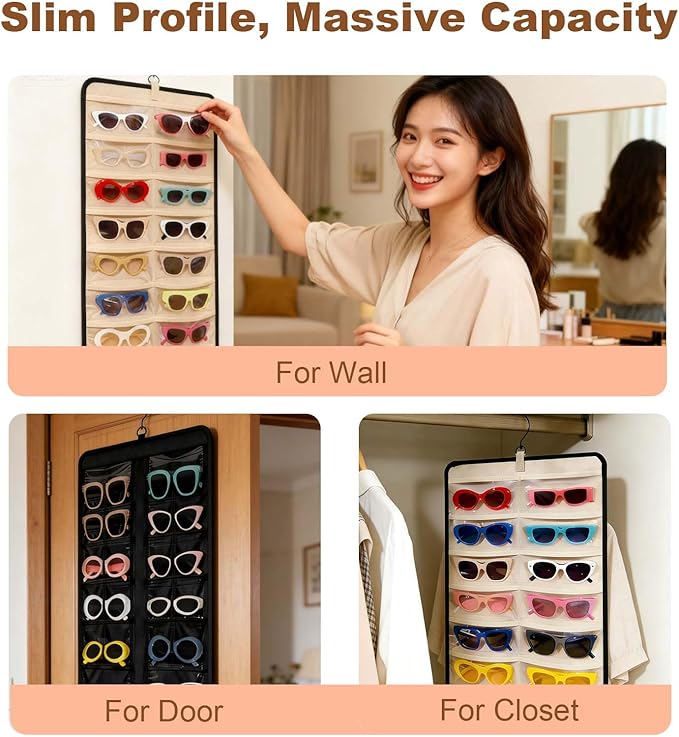LAKSMI 2 PCS Hanging Sunglasses Organizer & Jewelry Storage, 32 Dust-Proof Pockets for Multiple Sunglasses and Accessories
