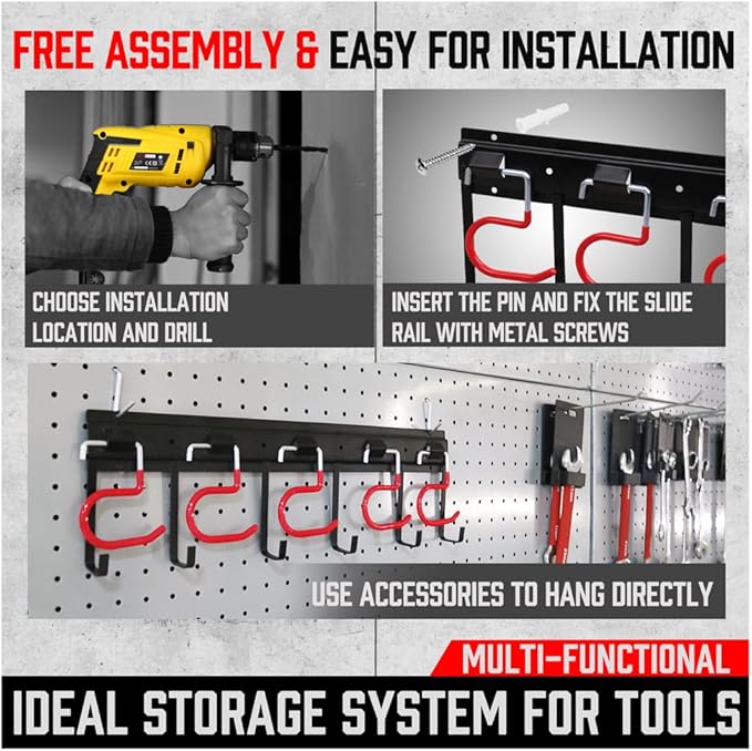 SEDY 68" All Metal Garden Tool Organizer Hooks - Garage Wall Organizer Sturdy Garden Tool Storage System Yard Tool Garage Tool Organizer Wall Mount Shed Organization Shovel Broom Rake Holder