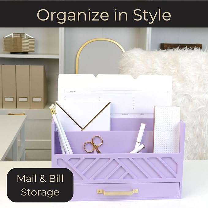 BLU MONACO | Wooden Mail Organizer Countertop with Drawer | Tabletop Organizer with Drawers for Desk | Mail Sorter Organizer Countertop Letter Paper Holder