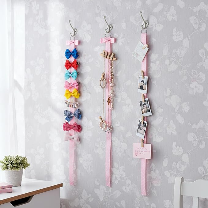 Bremorou Pink Bow Holder For Girls Hair Bows 6 Pcs Baby Hair Accessories Organizer Bow Storage Clips Organizer Wall Hanging Home Decor For Baby Girl Headband Accessories Display